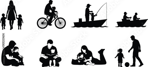 Family life silhouette collection showing parents and children activities isolated on white background parenting bonding lifestyle illustration stock design concept