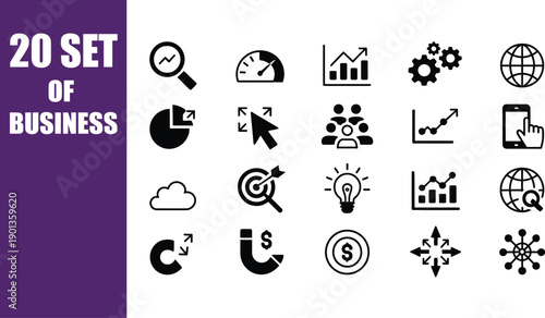 Versatile set of twenty monochrome business icons, including analytics, strategy, finance, and global communication, ideal for modern digital projects and corporate design