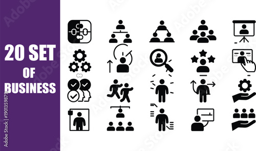 20 Black and White Icons Representing Various Business Concepts and Human Resources