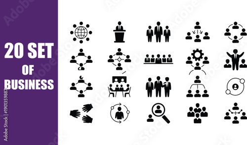 A dynamic collection of twenty black and white vector icons illustrating key business concepts, human resources, teamwork, organizational structures, and professional collaboration