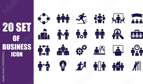 Set of 20 business vector icons for modern corporate design projects. Includes symbols for teamwork, leadership, strategy, development, and human resources applications