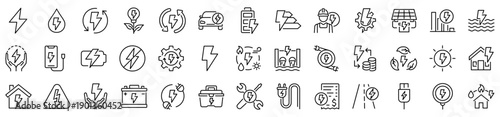Set of 30 outline icons related to energy. Linear icon collection. Editable stroke. Vector illustration