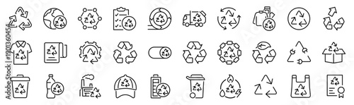 Set of 30 outline icons related to recycle symbol. Linear icon collection. Editable stroke. Vector illustration