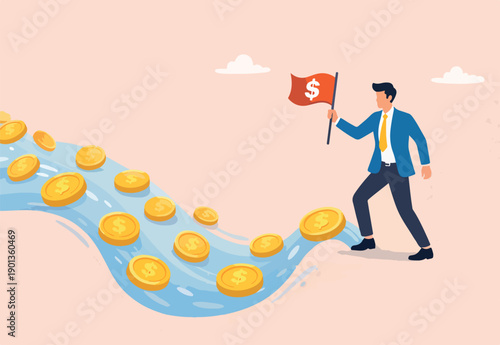 Cash flow, investment fund flow, fund raising, bank loan or financial activity to making money or profit concept, Businessman leader or investor holding flag control flow of money Dollar coins