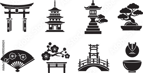 Japanese cultural symbols and traditional artifacts depicted in black and white.