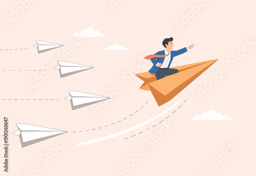 Change career path or difference direction, leadership or individual freedom to choose own way to success, courage see opportunity concept, businessman flying origami airplane change direction