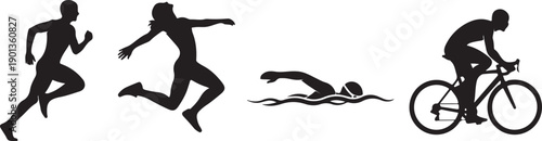 Athletes engaged in various physical activities including running, swimming, and cycling