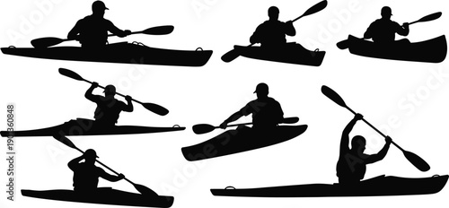 Black silhouette of kayakers set, people rowing in kayaks in different poses, water sports collection, outdoor adventure activity vector illustration isolated on white.