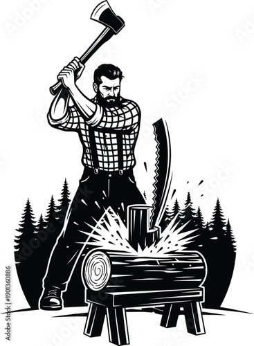 Lumberjack chopping wood silhouette vector art black color design and solid white background 