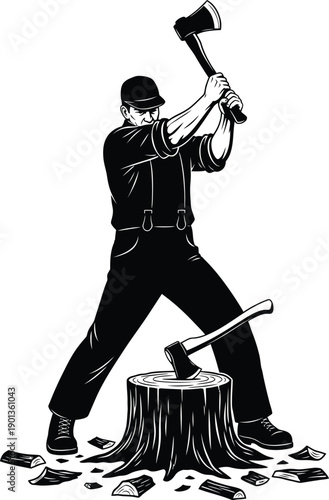 Lumberjack chopping wood silhouette vector art black color design and solid white background 
