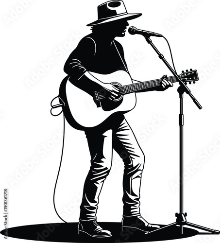 Musician silhouette illustration playing acoustic guitar and singing into microphone, black and white artwork, live performance, stage, music, entertainment design
