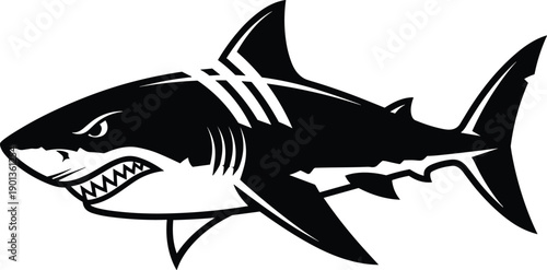 Shark silhouette illustration with dynamic swimming pose, open mouth, sharp teeth, black and white artwork, aggressive predator design, strength, power