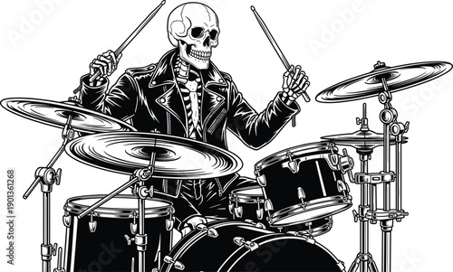 Skeleton silhouette illustration playing drum set in leather jacket, black and white artwork, rock music culture, performance, energy, and rhythm