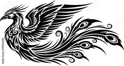 Tribal phoenix tattoo silhouette illustration with swirling feathers, dynamic wings, black and white artwork, mythical bird, rebirth, immortality, renewal