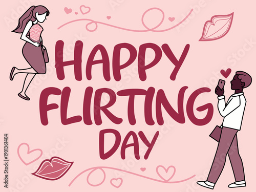 Happy Flirting Day greeting with cartoon couple and hearts on pink background
