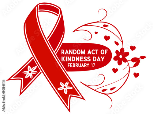 Random Act of Kindness Day awareness ribbon with flowers and hearts on white background