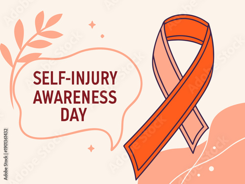 Self Injury Awareness Day orange ribbon symbol on beige background with text and leaf design