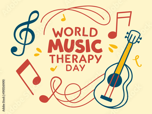 World Music Therapy Day illustration with guitar and music notes on yellow background