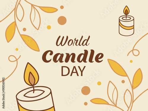 World Candle Day celebration with lit candles and leaves on beige background