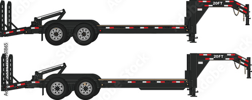 Heavy equipment trailer illustration showing gooseneck flatbed construction transport isolated on white background industrial vehicle vector stock design concept commercial