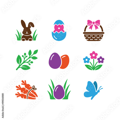 Cute Easter Colorful Icons set. Eggs, Bunny, Chicken, hen, Flower, Twig, Basket, Carrots, Butterfly.