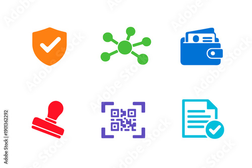 Digital credentials icon set with six single-color vector icons. Ideal for identity platforms, trust tech systems, dashboards, and modern UI design.