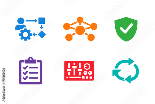 Monochromatic trust orchestration icons in flat vector style. Perfect for governance automation systems, access certification tools, websites, and apps.