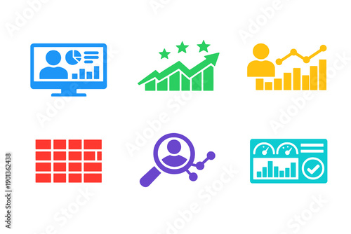 Monochromatic identity analytics icons in flat vector style. Perfect for trust monitoring systems, security analytics tools, websites, and apps.