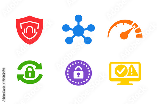 Security APIs and trust orchestration icon set with six single-color vector icons. Ideal for developer platforms, security services, dashboards, and modern UI design.