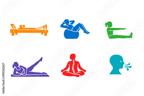 Pilates core strength icon set with six single-color vector icons. Ideal for pilates studios, fitness apps, training programs, and modern UI design.