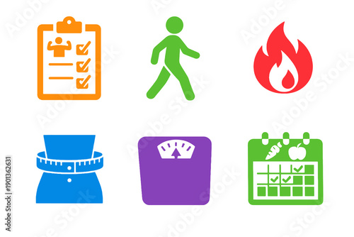 Beginner fitness and weight loss icon set with six single-color vector icons. Ideal for starter workout apps, wellness programs, and modern UI design.