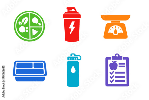 Fitness nutrition and healthy diet icon set with six single-color vector icons. Ideal for nutrition apps, diet planners, fitness dashboards, and modern UI design.