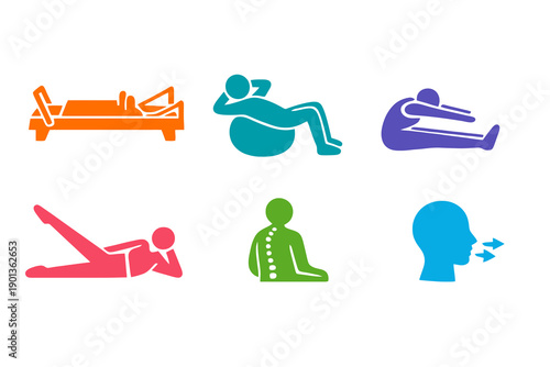 Monochromatic pilates icons in flat vector style. Perfect for core training platforms, posture improvement, websites, and mobile apps.