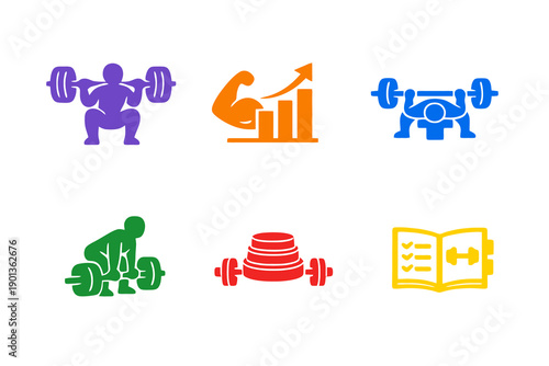 Hypertrophy and advanced strength training icon set with six single-color vector icons. Ideal for advanced workout apps, gym programs, and modern UI design.