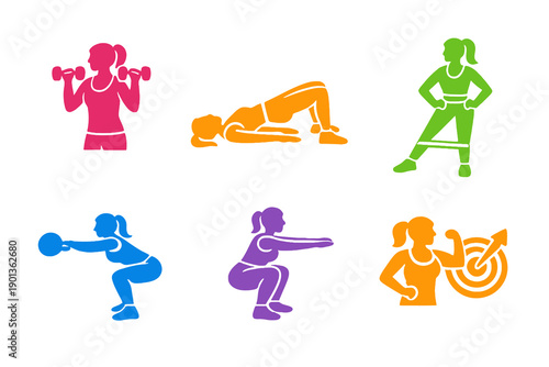 Women strength training icon set with six single-color vector icons. Ideal for fitness apps, women workout programs, dashboards, and modern UI design.