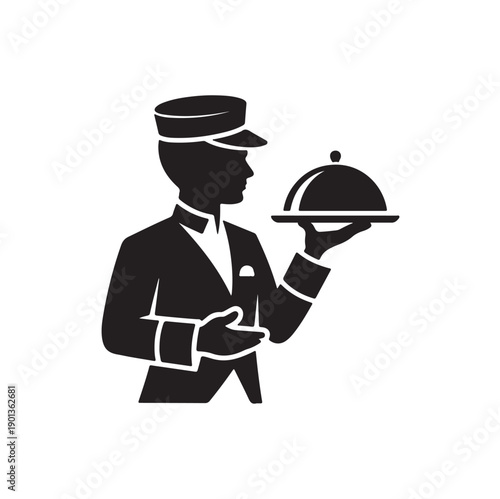 Waiter Serving Food Cloche Silhouette Icon Vector
