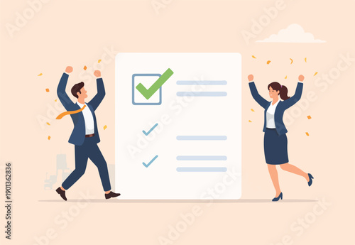 Complete task, accomplishment or project done checklist, success achievement checkbox, job done concept, happy business people celebrate completed checkmark after finish responsible project