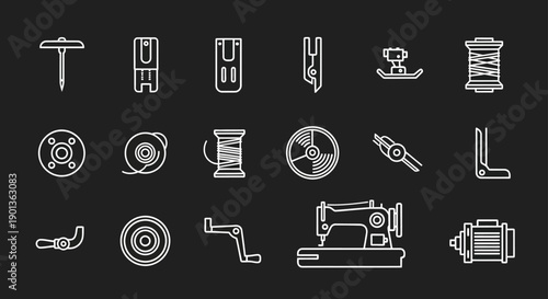 Minimalist white icons on black background for crafting and sewing