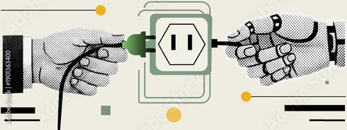 Halftone pop art dot creative concept of human hand connecting plug to robot power socket vector illustration