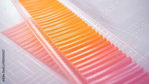 Gradient Pink and Orange Wavy Translucent Plastic Texture with Grid Background, Abstract Surface