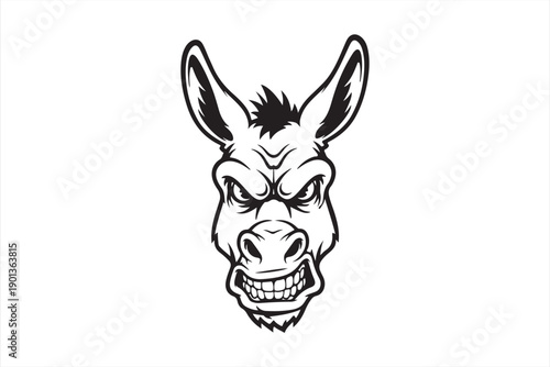 A cartoon depiction of a donkey s head with a fierce and slightly menacing expression