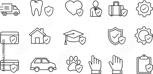 Minimal insurance protection line icon set with shield symbols for health, travel, property and security services