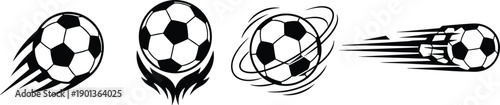 Soccer ball motion effect icon set in black style for sport action, speed and dynamic movement