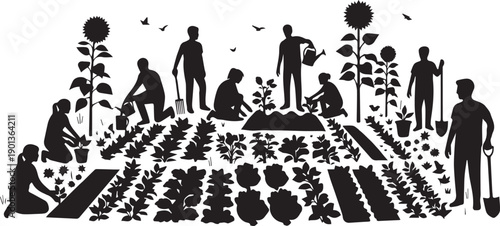 People gardening together in field growing vegetables and sunflowers silhouette vector