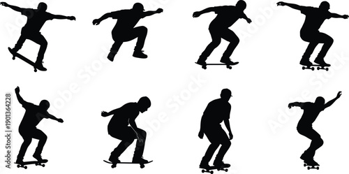 Black silhouette of skateboarders set, men skating in different poses, extreme street sport action, jump and trick vector illustration isolated on white background.
