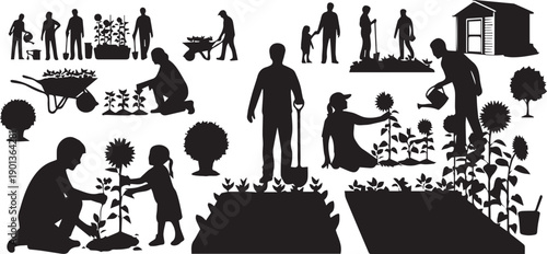 People gardening and farming vector silhouette illustration collection set line art images