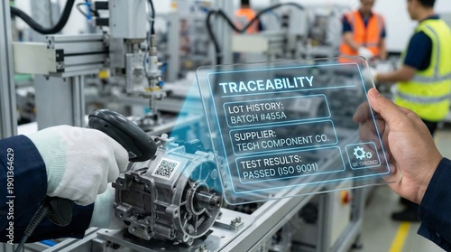 A person displaying a digital traceability label for a mechanical part in a factory setting.