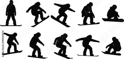 Black silhouette of snowboarders set, man snowboarding in different poses, winter sports collection, jump, carve and freestyle mountain activity vector illustration isolated on white.