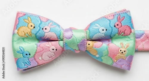 Charming pastel bow tie adorned with playful bunnies and colorful Easter eggs, perfect for festive spring outfits and holiday celebrations