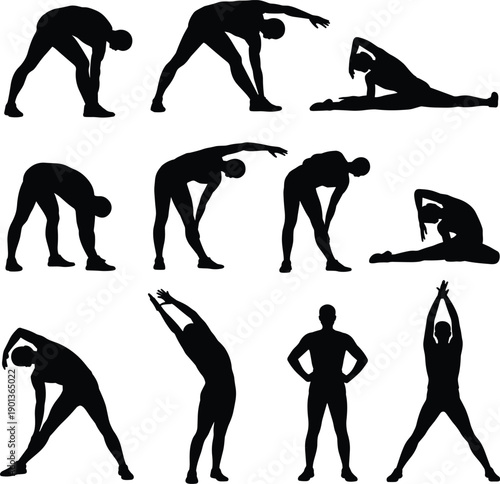Yoga and fitness stretching silhouettes set showing male body exercise poses isolated on white background representing flexibility training warm up workout wellness movement concept